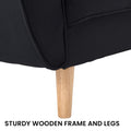 Sturdy wooden frame and legs infographic showing close-up of black fabric sofa arm and natural wood tapered leg