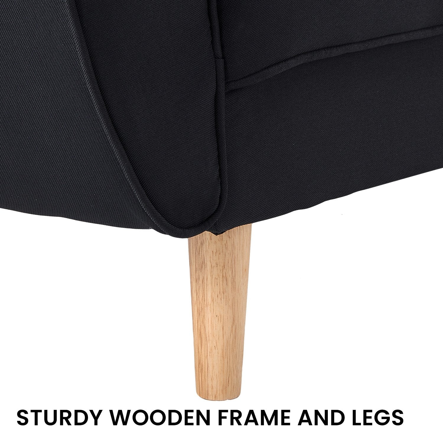 Sturdy wooden frame and legs infographic showing close-up of black fabric sofa arm and natural wood tapered leg