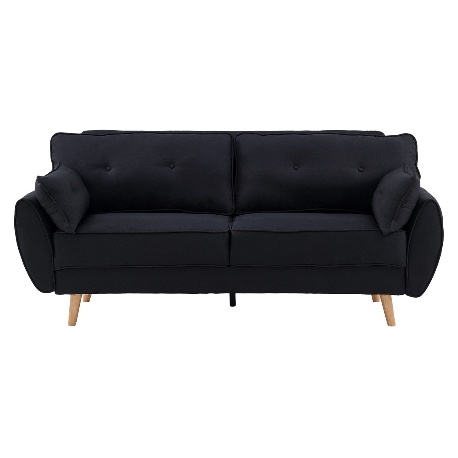 Front view of black fabric rounded-arm sofa bed with two button-tufted scatter pillows on white background