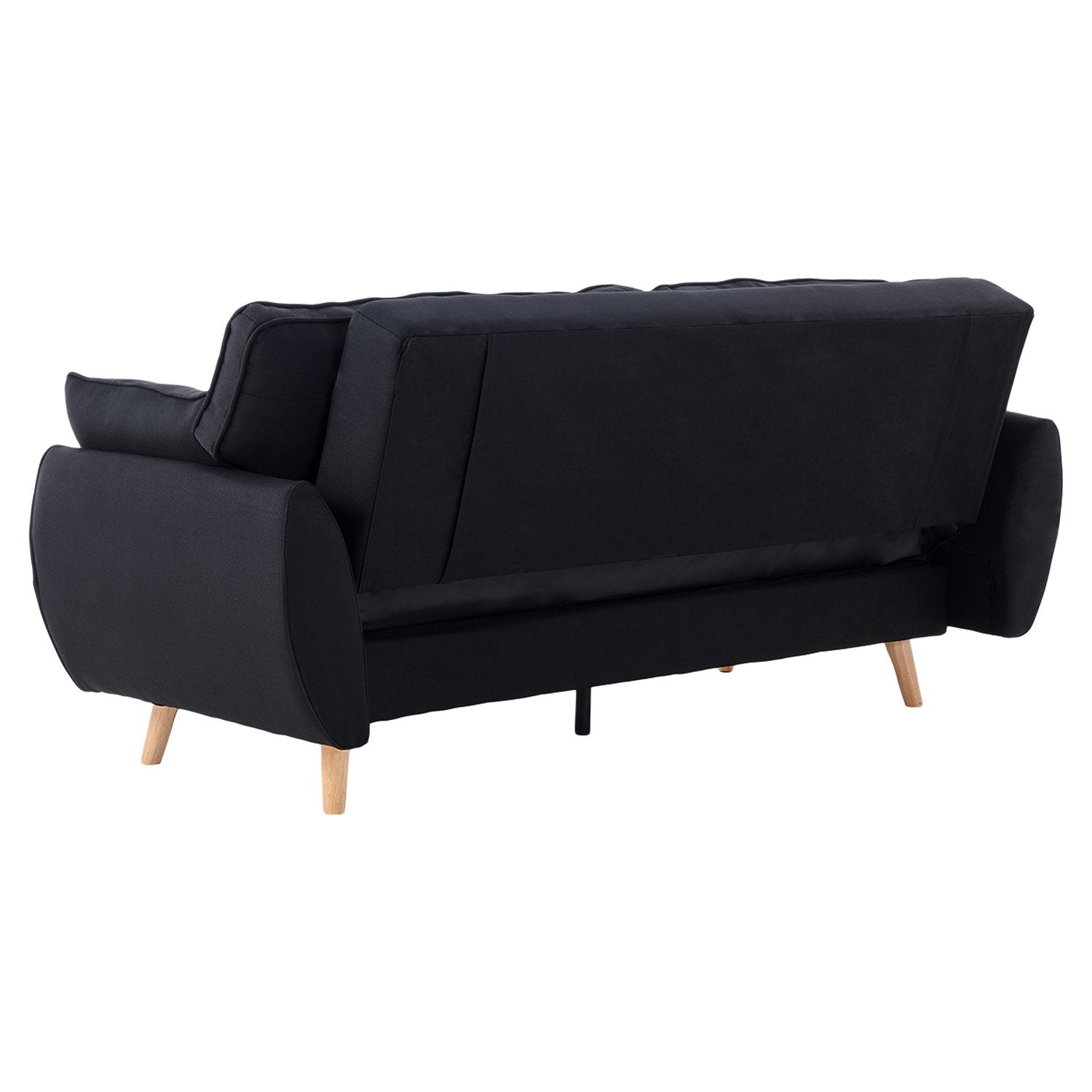 Three-quarter rear angle view of black fabric sofa bed showing back panel and natural wood legs on white background