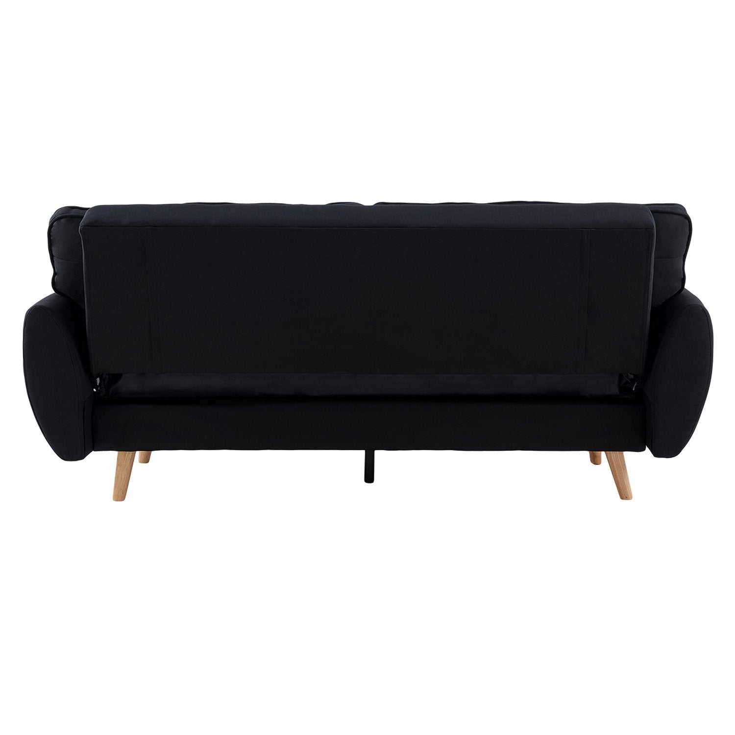 Rear view of black fabric sofa bed showing back panel and bed conversion mechanism on white background
