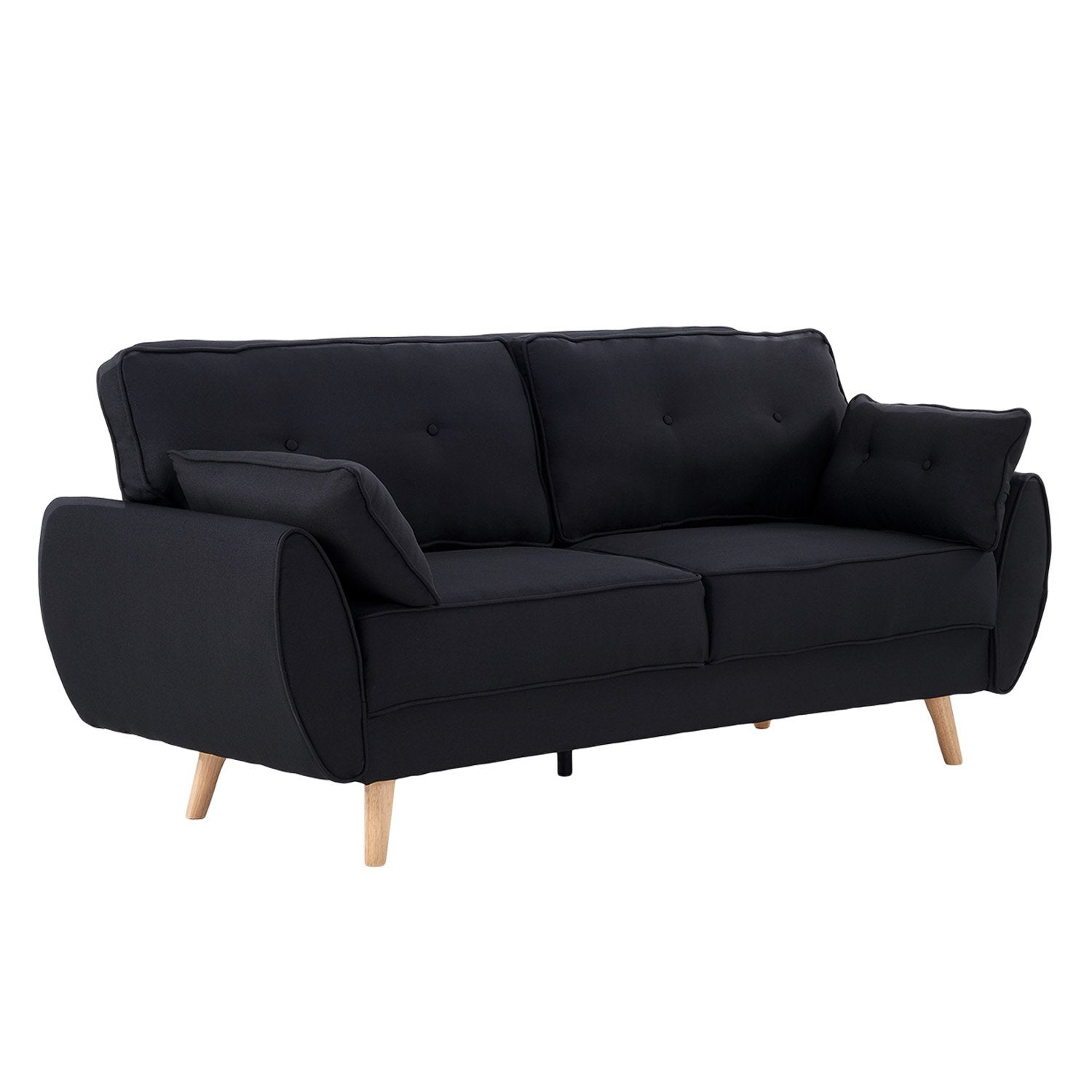 Black fabric sofa with rounded arms, button-tufted back cushions and natural wood legs, angle view