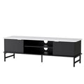Black fluted TV unit marble top angle view on white two sliding fluted doors center open shelves cable holes and metal legs