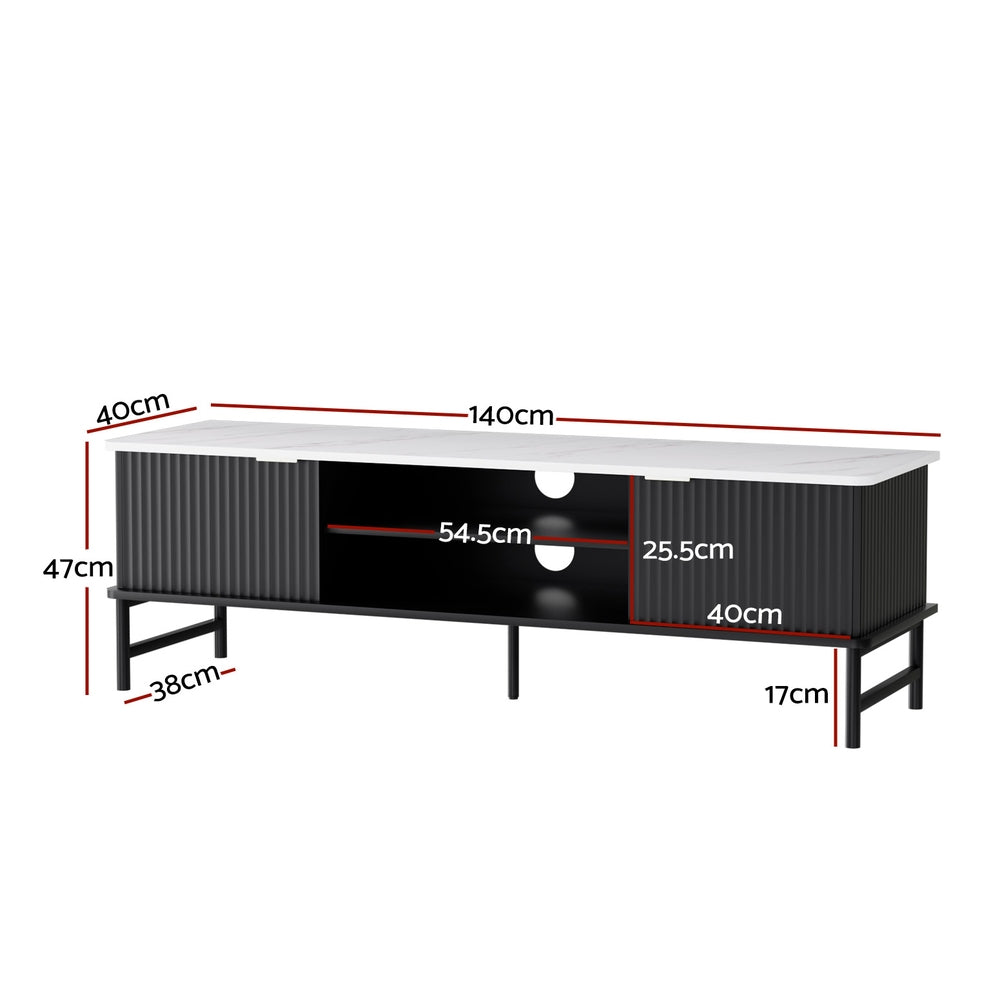 Black fluted marble-top TV unit dimension diagram 140x40x47cm shelf 54.5x25.5cm and 17cm leg height