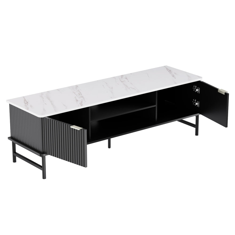 Black fluted marble-top TV unit angle view both sliding doors open showing two interior shelves on white background