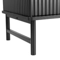 Black fluted marble-top TV unit black tubular metal frame and legs close-up detail on white background