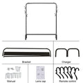 Garment rack assembly parts diagram showing assembled frame with bracket feet manual screws and hook accessories