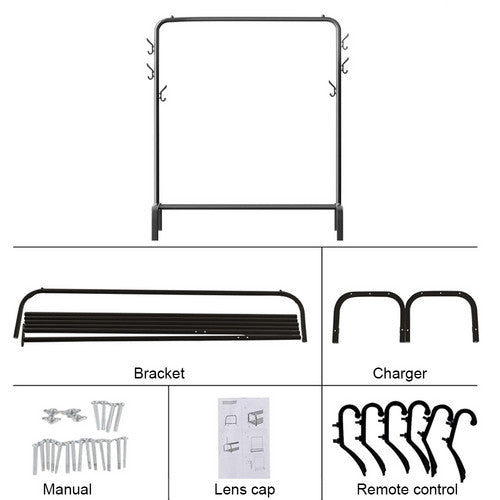 Garment rack assembly parts diagram showing assembled frame with bracket feet manual screws and hook accessories