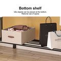 Close-up of garment rack bottom shelf with fabric storage box and shopping bags text bottom shelf rational use of space