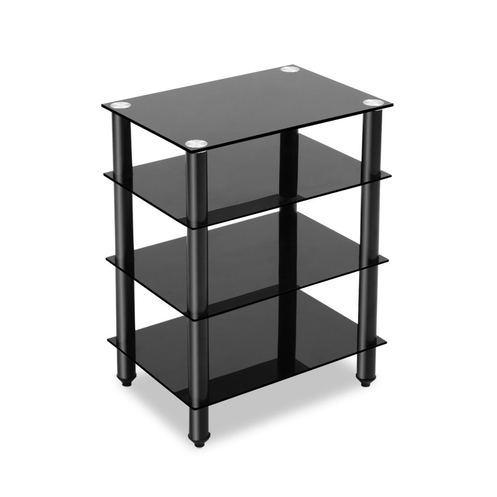 Black HiFi AV rack angle view on white background with 4 black glass shelves black tubular legs and silver connectors