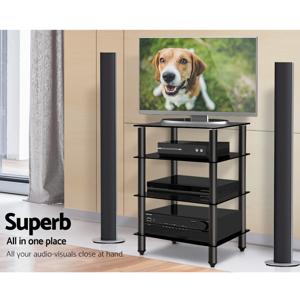 Black HiFi AV rack lifestyle with TV dog on screen Xbox receiver and two floor speakers in room
