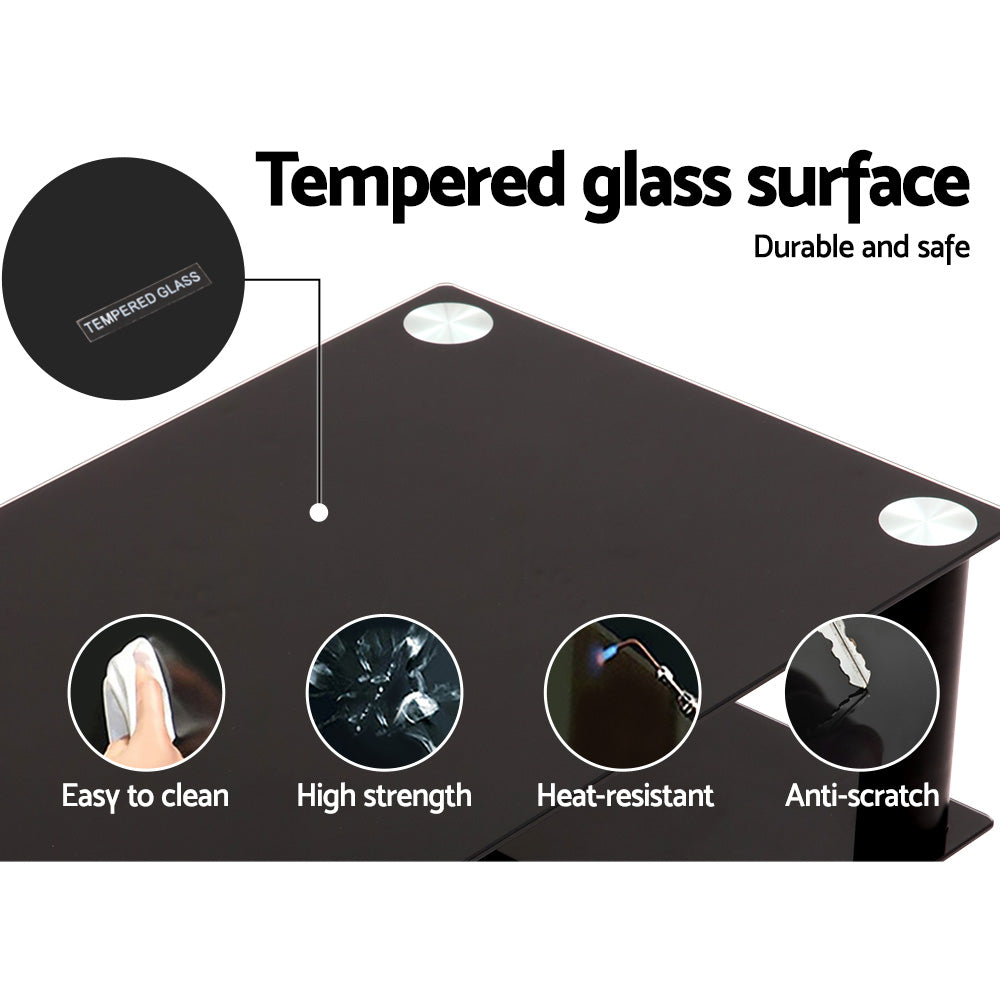 Black HiFi AV rack tempered glass surface close-up with easy clean high strength heat-resistant anti-scratch icons