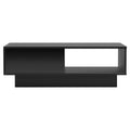 Black high-gloss LED coffee table front view on white background, closed drawer left, open shelf compartment right