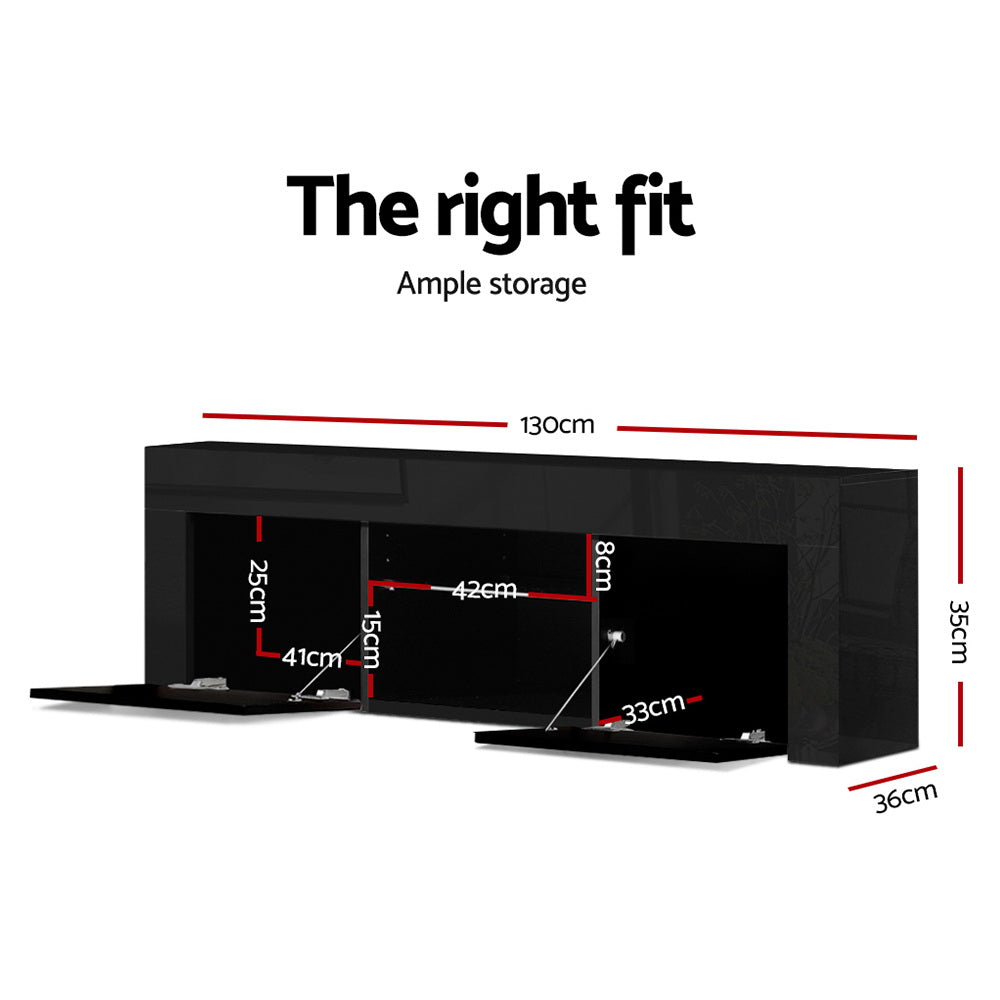 Black glossy floating TV unit dimension diagram 130x35x36cm with internal drop-down bay measurements