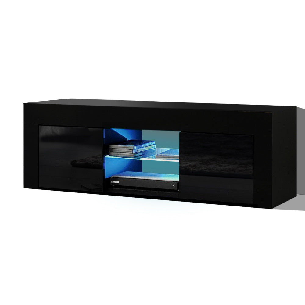 Black glossy floating TV unit on white background with blue LED glass shelf Blu-ray discs and Samsung player