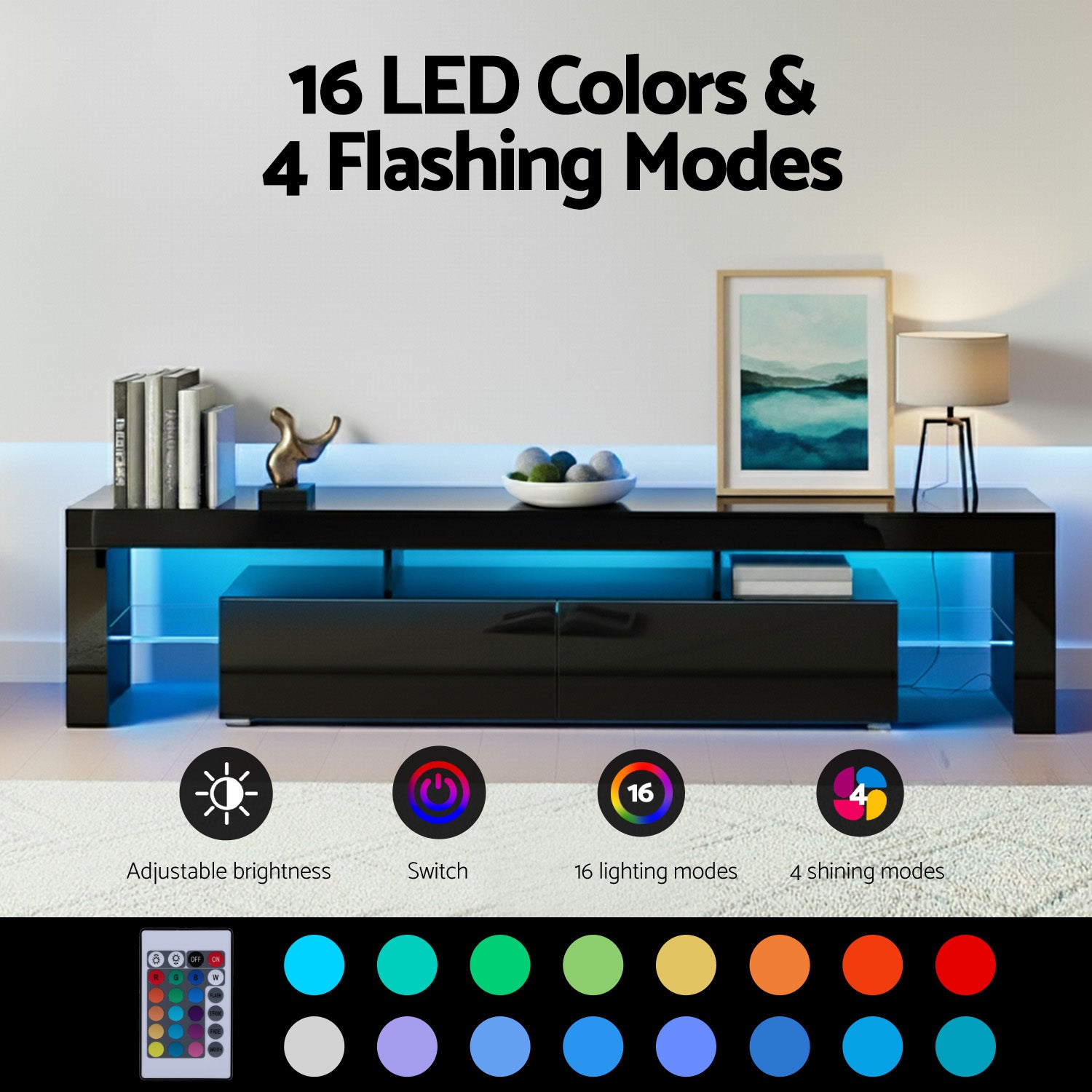 Black glossy LED TV unit 200cm 16 LED colours and 4 flashing modes swatch strip with 24-key remote shown