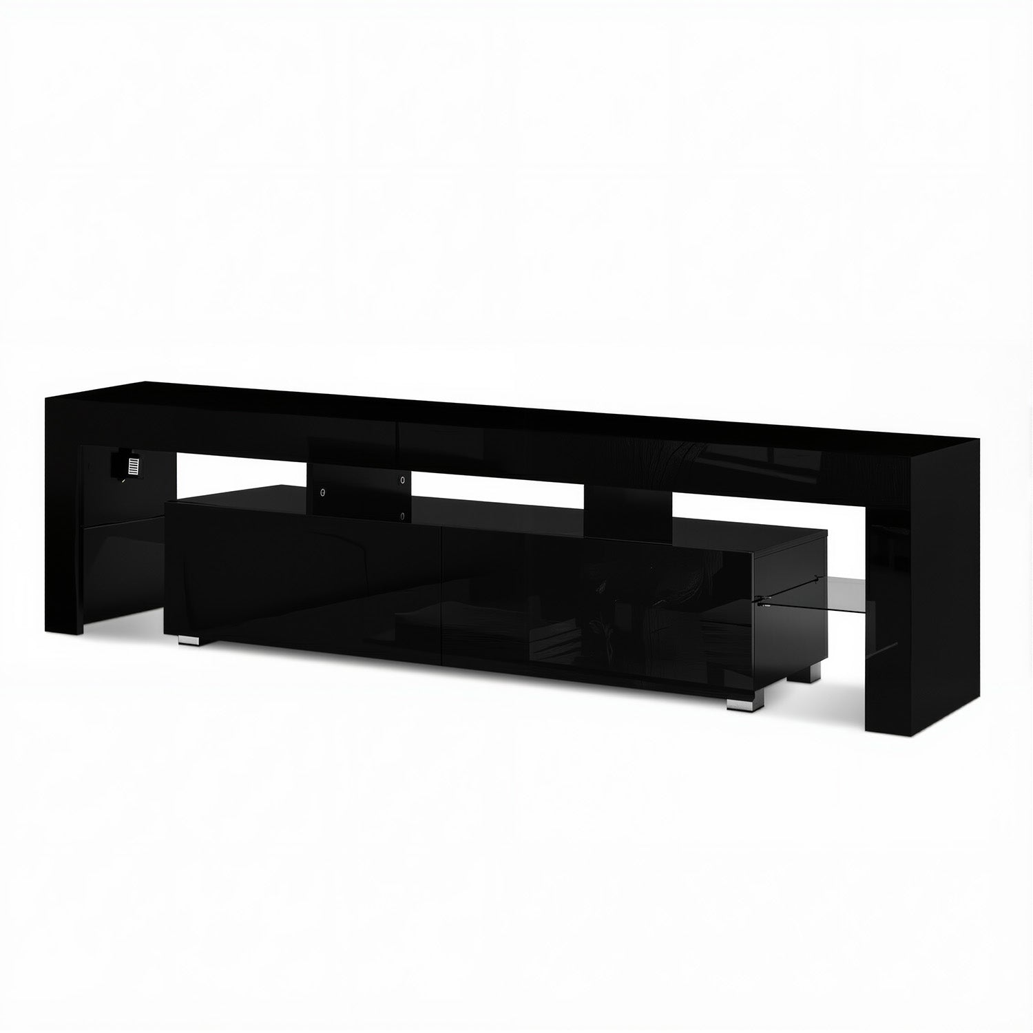Black glossy LED TV unit 200cm angle view on white background with left bay centre drawers glass shelf right bay