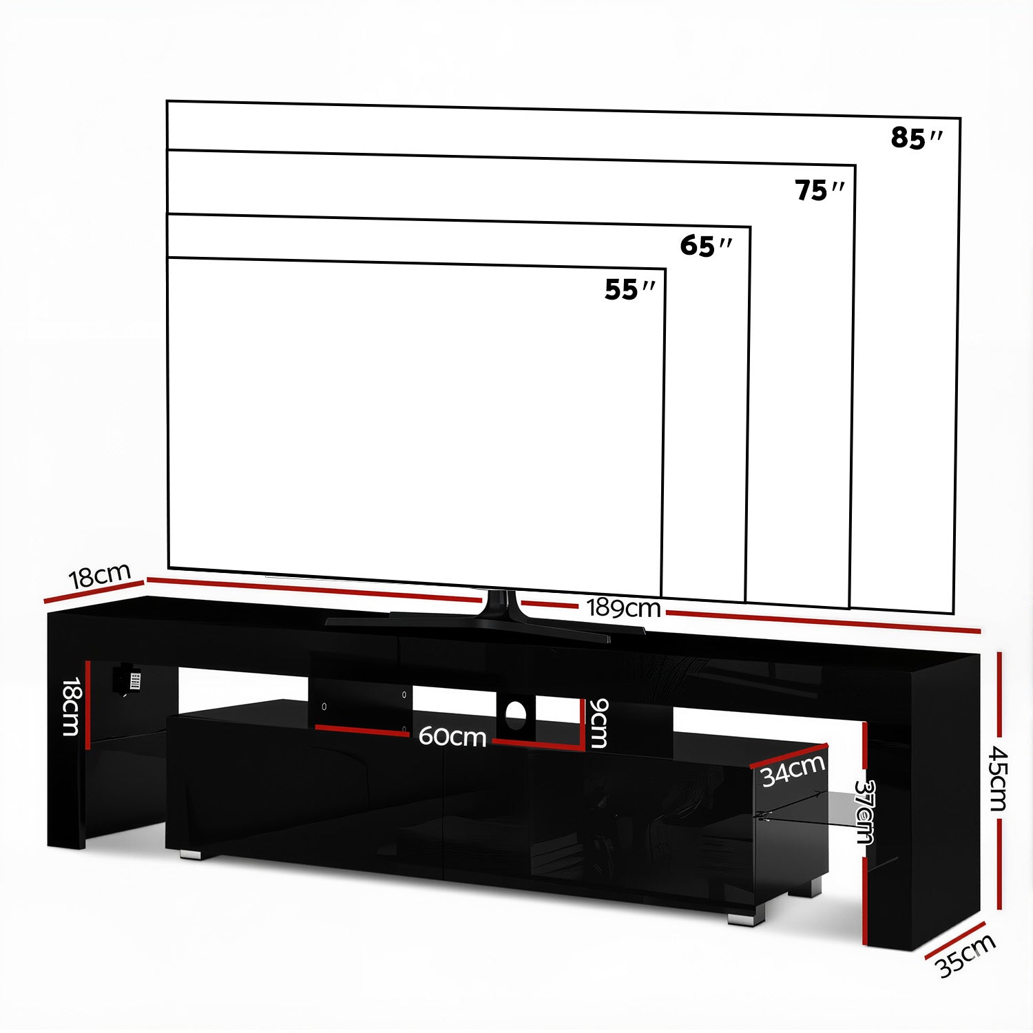 Black glossy LED TV unit 200cm dimension diagram 189x45x35cm with TV size comparison 55 65 75 85 inch