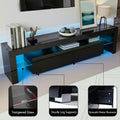 Black glossy LED TV unit 200cm features tempered glass 33x28cm sturdy leg supports and smooth metal runners