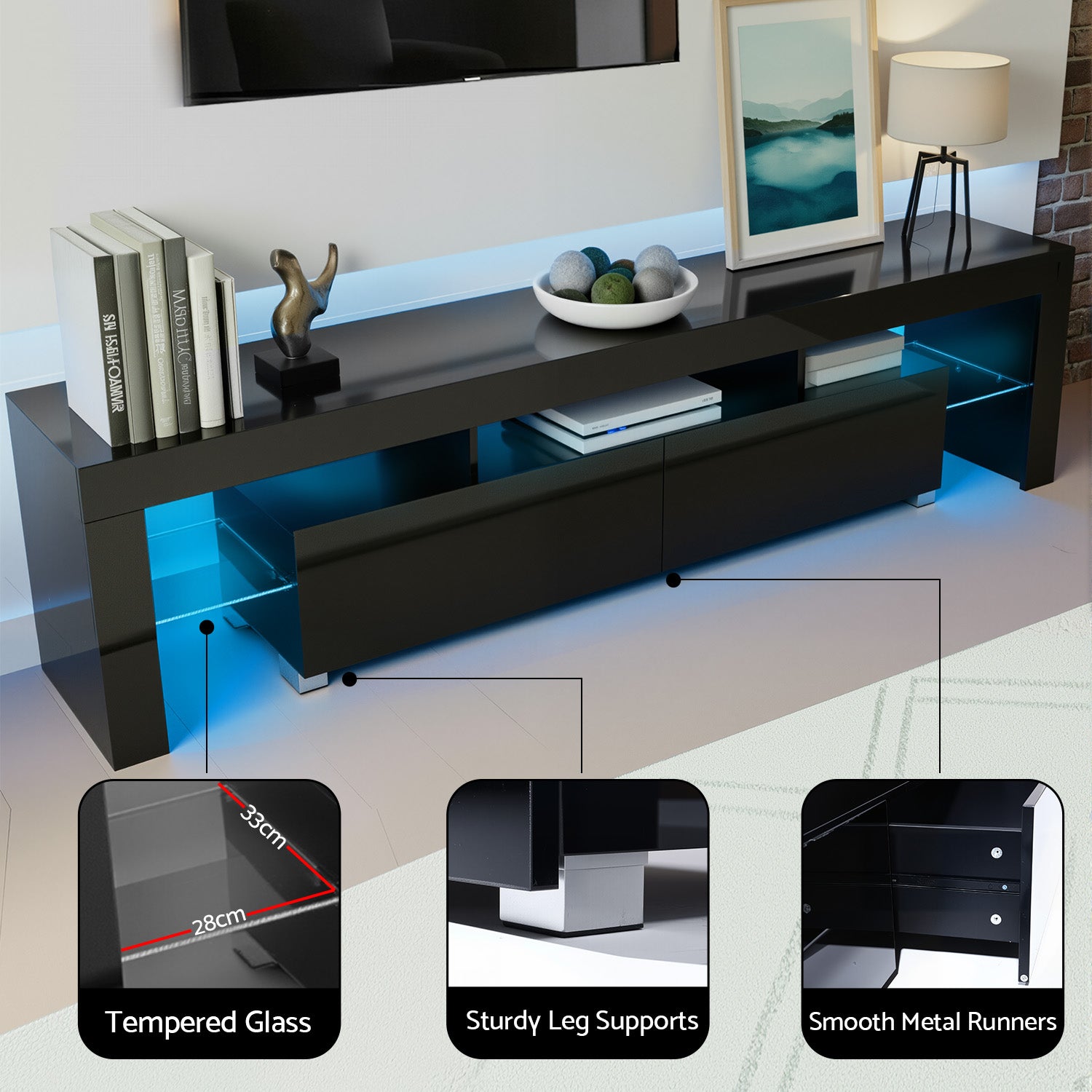 Black glossy LED TV unit 200cm features tempered glass 33x28cm sturdy leg supports and smooth metal runners