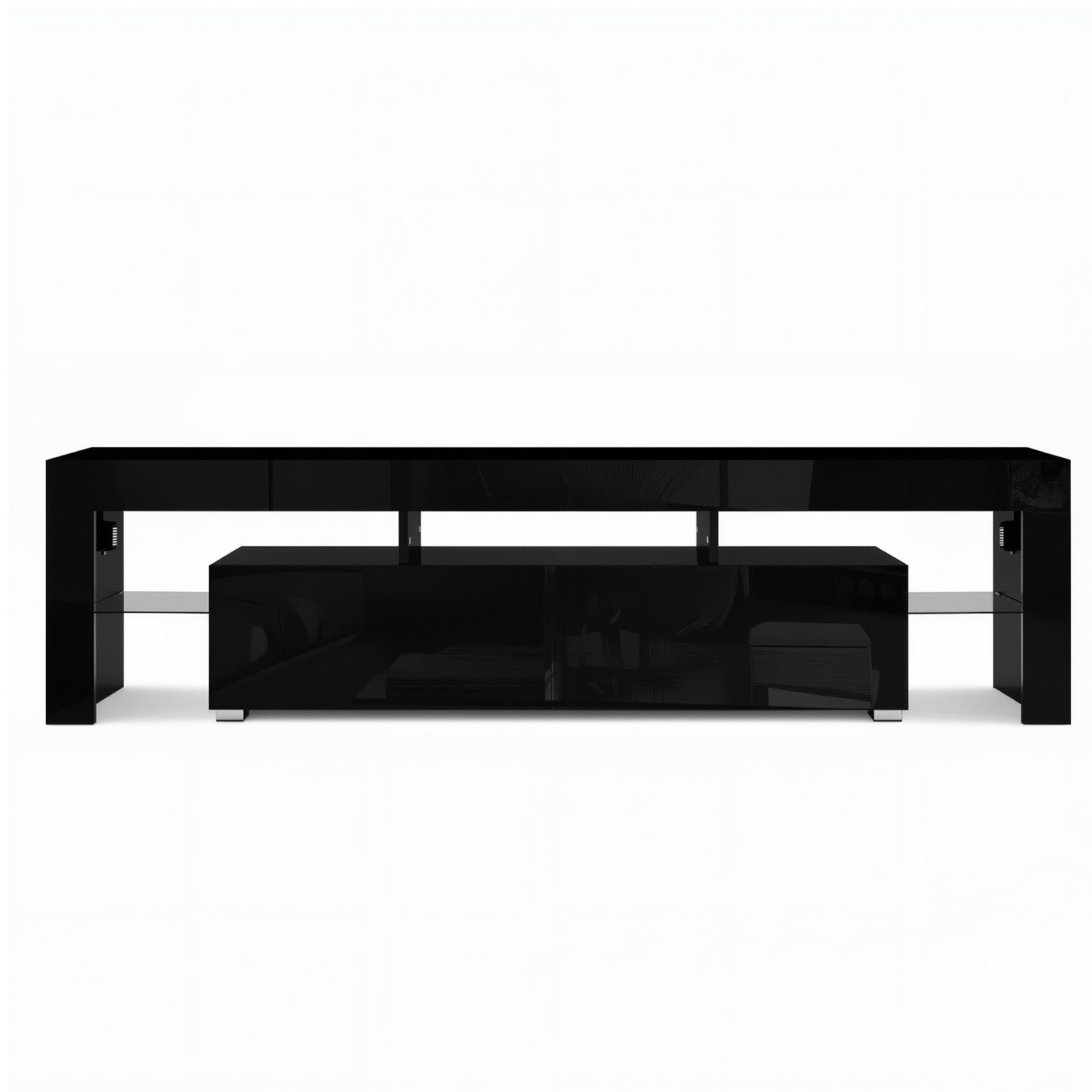 Black glossy LED TV unit 200cm front view on white background two centre push-open drawers and glass shelf