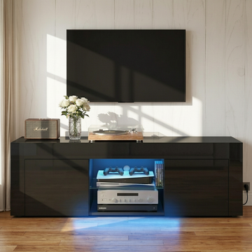 Black glossy LED TV unit 200cm lifestyle with Marshall amp speaker blue LED strip and white flower vases