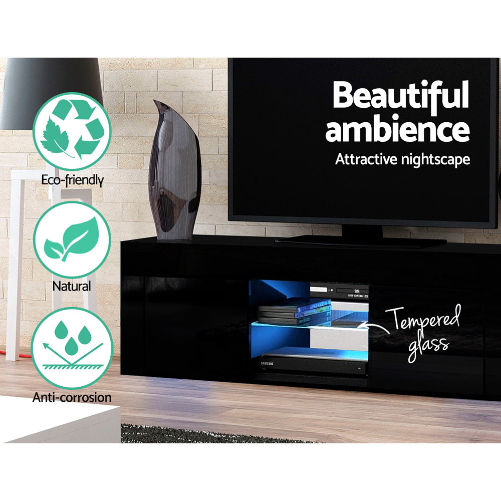 Black glossy LED TV unit beautiful ambience in brick room with eco-friendly natural anti-corrosion badges and tempered glass