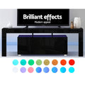 Black glossy LED TV unit with blue LED strip and TV on top with 16 LED colour swatches shown below unit