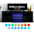 Black glossy LED TV unit 160cm brilliant effects 16 LED colour swatches Samsung TV clock and gold vase