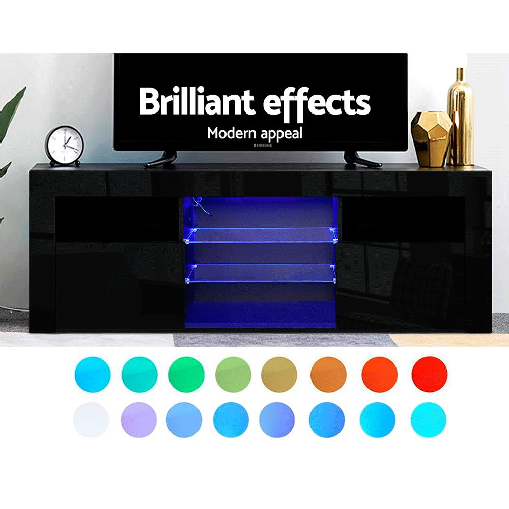 Black glossy LED TV unit 160cm brilliant effects 16 LED colour swatches Samsung TV clock and gold vase