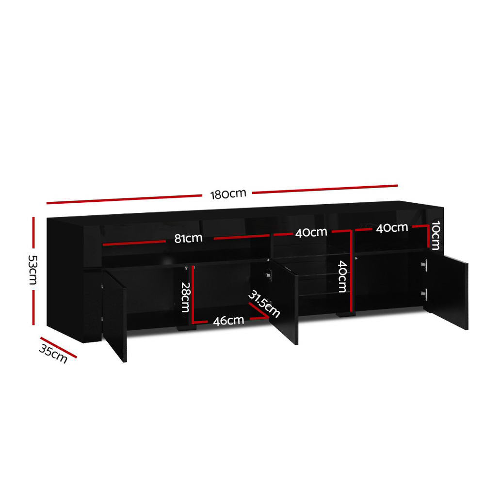 Black glossy LED TV unit 180cm dimensions showing 180x53x35cm with 81cm, 40cm and 28cm internal measurements