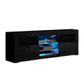Black glossy LED TV unit angle view on white background with two large side doors and blue LED glass shelves