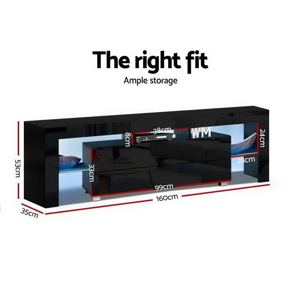 Black glossy LED TV unit dimension diagram 160x35x53cm 99cm center 38cm shelf 8cm top and 33cm lower section