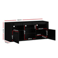 Black glossy LED TV unit dimension diagram 160x60x35cm with internal cabinet measurements shown