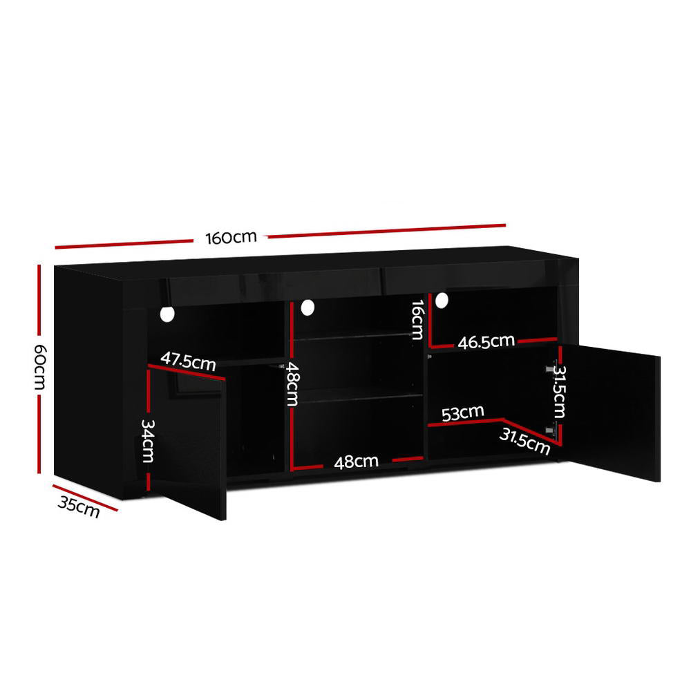 Black glossy LED TV unit dimension diagram 160x60x35cm with internal cabinet measurements shown