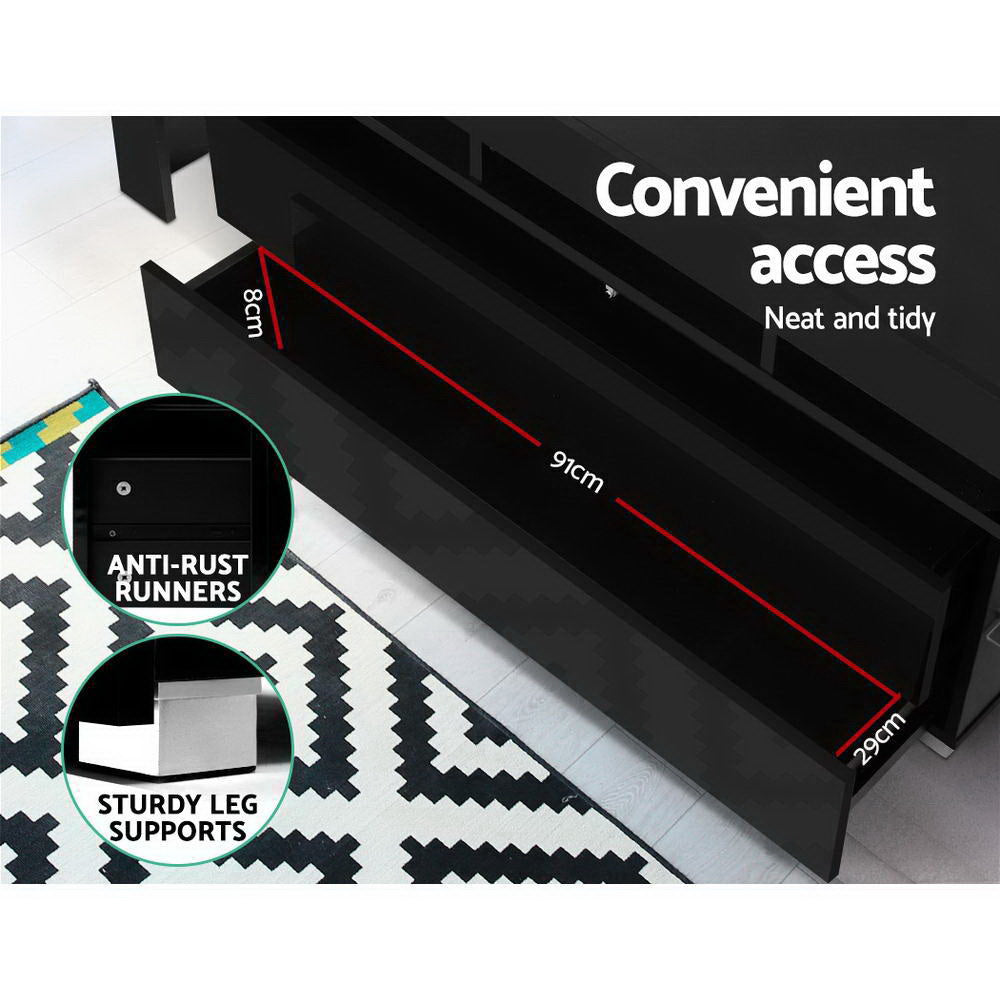 Black glossy LED TV unit drawer open 91x29x8cm with anti-rust runners and sturdy leg supports callout details