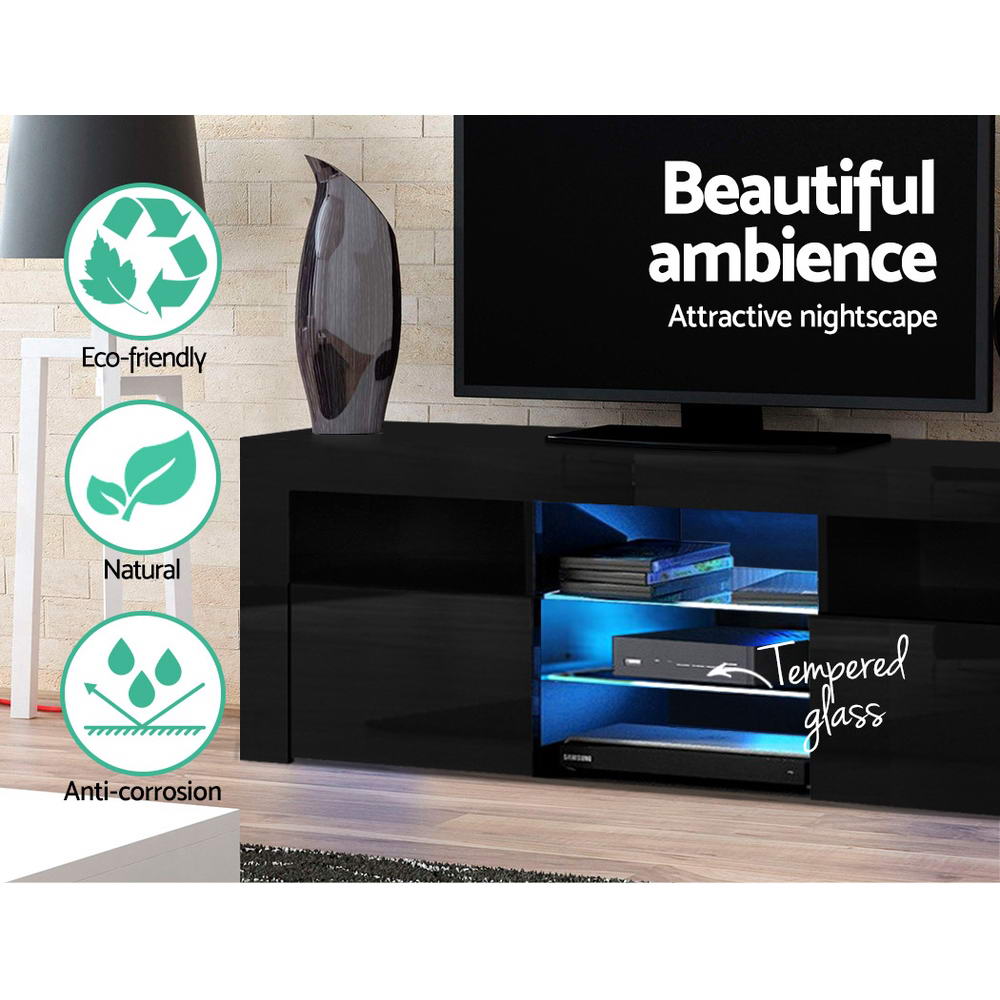 Black glossy LED TV unit close-up with eco-friendly natural anti-corrosion badges and blue LED