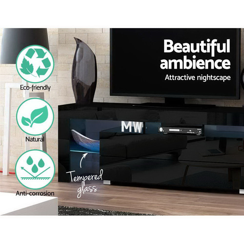 Black glossy LED TV unit in brick room with TV blue LED eco-friendly natural anti-corrosion badges and tempered glass callout