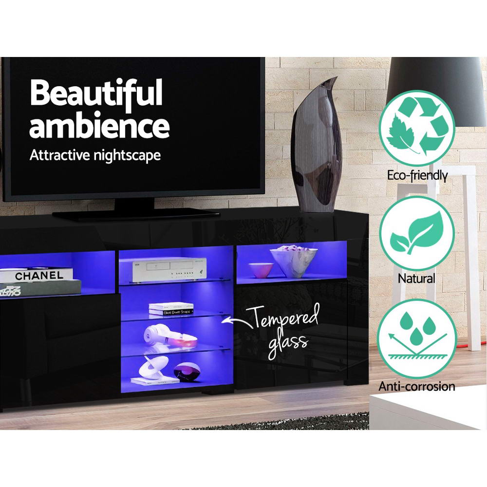 Black glossy LED TV unit close-up with blue LED tempered glass shelves and eco-friendly natural anti-corrosion badges