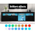 Black glossy LED TV unit 180cm with blue LED and 16 LED colour swatches showing available light modes