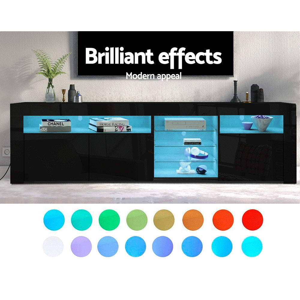 Black glossy LED TV unit 180cm with blue LED and 16 LED colour swatches showing available light modes