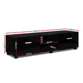 Black glossy TV unit 140cm angle view on white background two side doors center open shelves silver handles