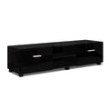 Black glossy TV unit close-up showing eco-friendly natural anti-corrosion badge callouts on high-gloss surface