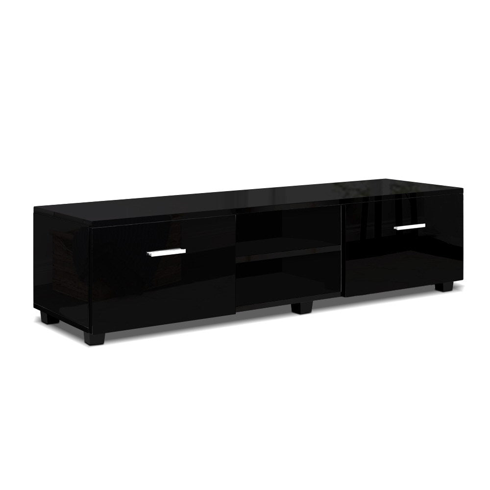 Black glossy TV unit close-up showing eco-friendly natural anti-corrosion badge callouts on high-gloss surface