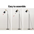 Three-step assembly guide for black and gold reading lamp: attach shade, insert bulb, plug in cord, text Easy to assemble