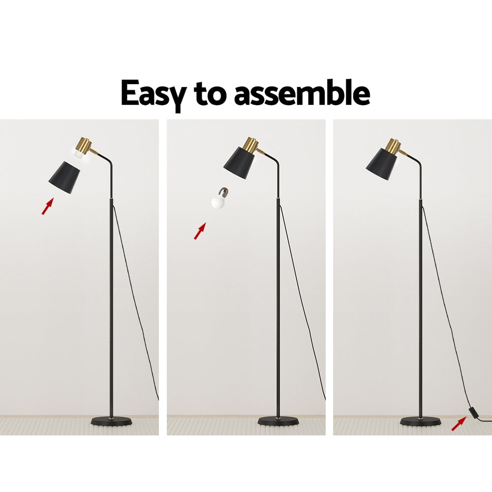 Three-step assembly guide for black and gold reading lamp: attach shade, insert bulb, plug in cord, text Easy to assemble