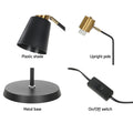 Four-panel detail infographic: Plastic shade, Upright pole with gold socket, Metal base, and On/Off cord switch