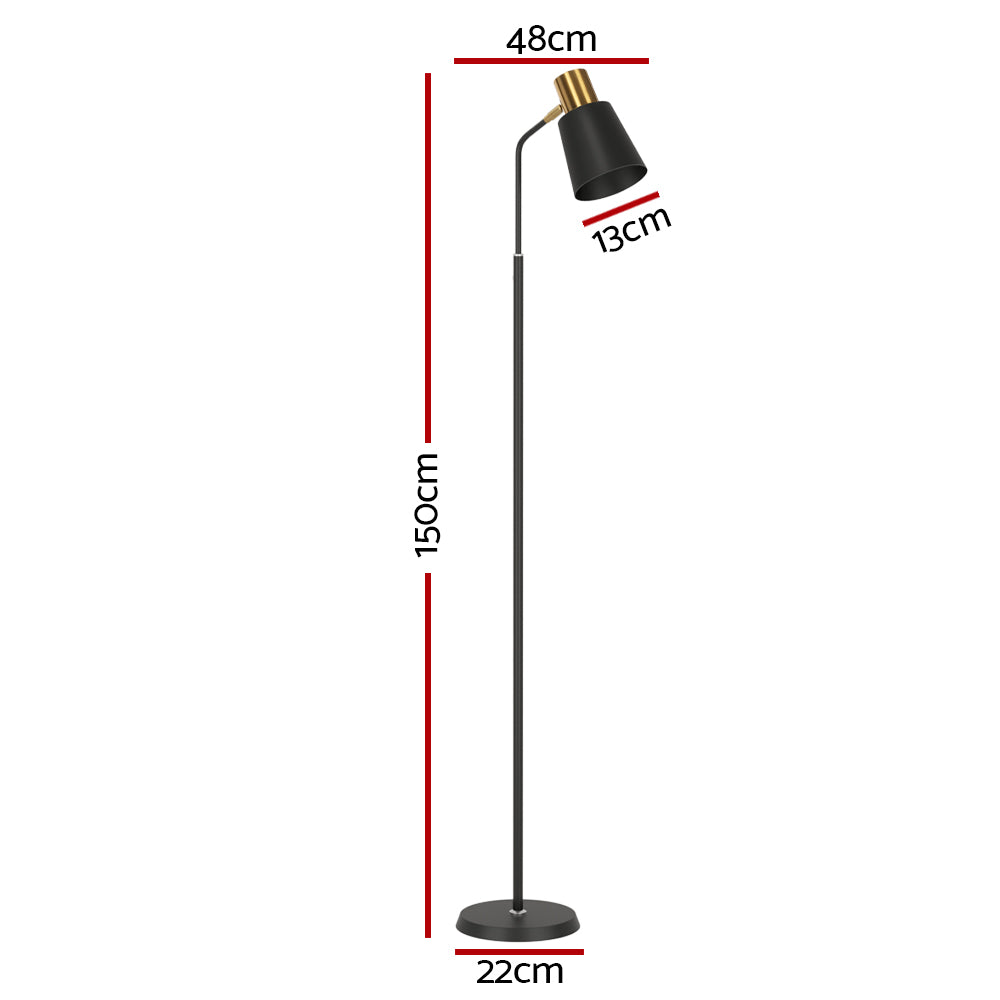 Black and gold reading floor lamp dimensions diagram: 150cm height, 48cm width, 22cm base diameter, 13cm shade depth