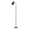 Black and gold reading floor lamp with cone shade and curved pole on white background, angle view