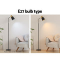 Two-panel comparison of black and gold reading lamp: cool and warm light effect, text E27 bulb type, bulb not included